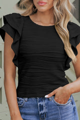 Black Plain Wavy Textured Ruffle Sleeve Blouse