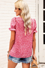 Pink Abstract Print Casual V Neck Ruffle Sleeve Blouse