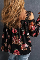 Black Floral Print Lace Loose Off Shoulder Blouse