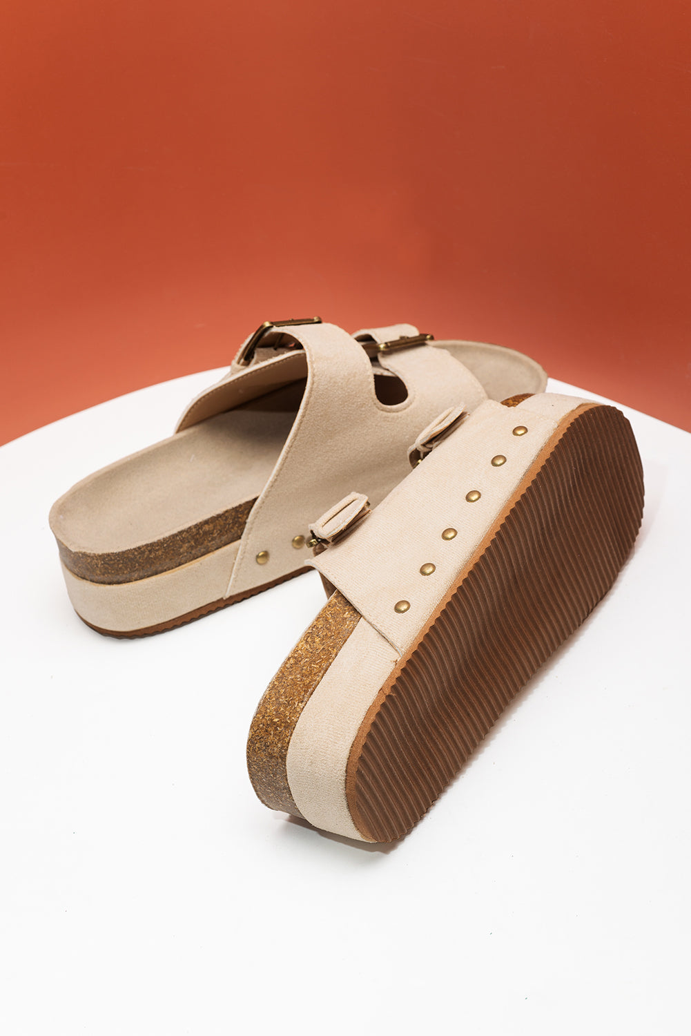 Beige Suede Buckle Decor Corky Platform Slides Shoes