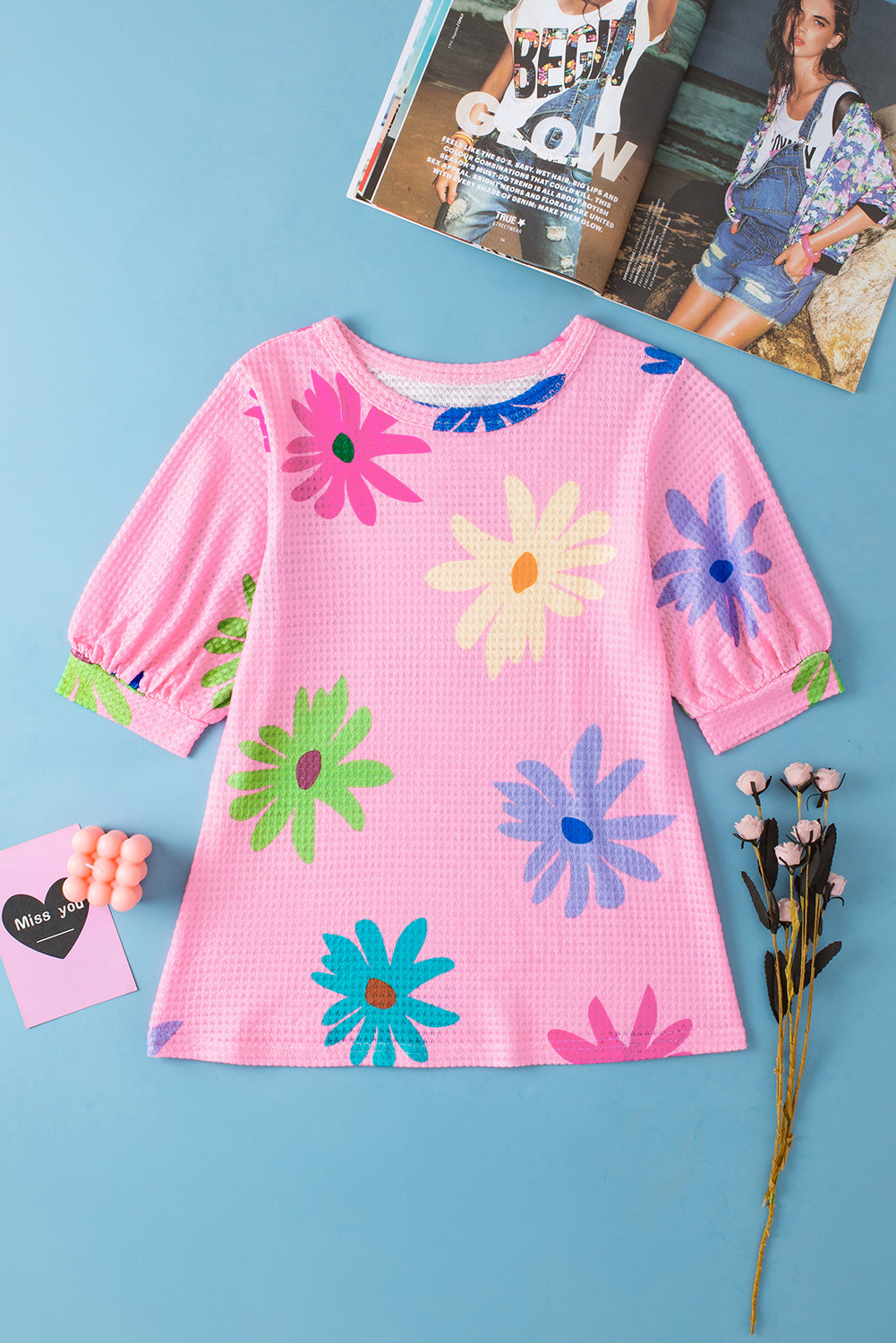 Pink Colorful Floral Print Puff Sleeve Waffle Knit T Shirt