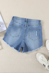 Light Blue Casual Frayed Hem Denim Shorts