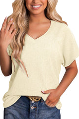 Apricot Solid Color Crinkled V Neck T Shirt