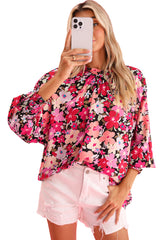 Rose Floral Print Frilled Neck Shirred Cuffs Blouse