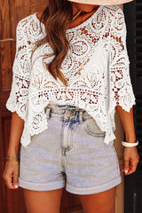 Oatmeal Hollowed Macrame Lace Crochet Bohemian Blouse