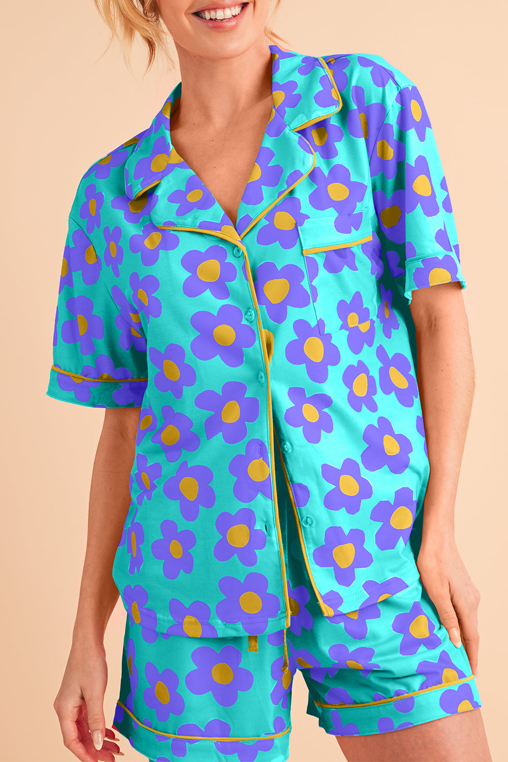 Green Flower Print Buttoned Shirt and Drawstring Waist Pajama Set