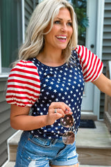 Navy Blue 4th Of July Stars & Striped Print T Shirt