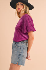 Bright Pink V-Neck Short Puff Sleeve Blouse