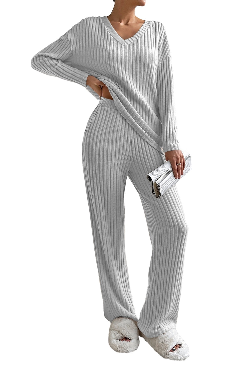 Light Grey Slouchy Ribbed Knit V Neck Top & Pants Loungewear Set