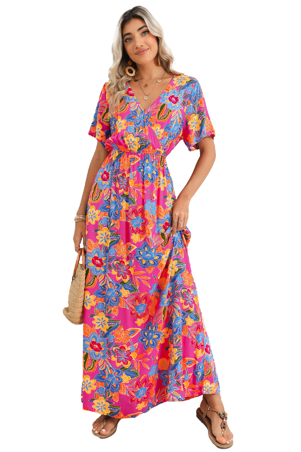 Rose Boho Abstract Print V Neck Short Sleeve Maxi Wrap Dress