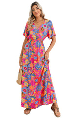 Rose Boho Abstract Print V Neck Short Sleeve Maxi Wrap Dress