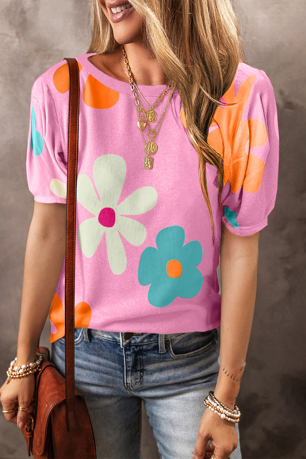 Pink Colorful Flower Print Bubble Sleeve Tee