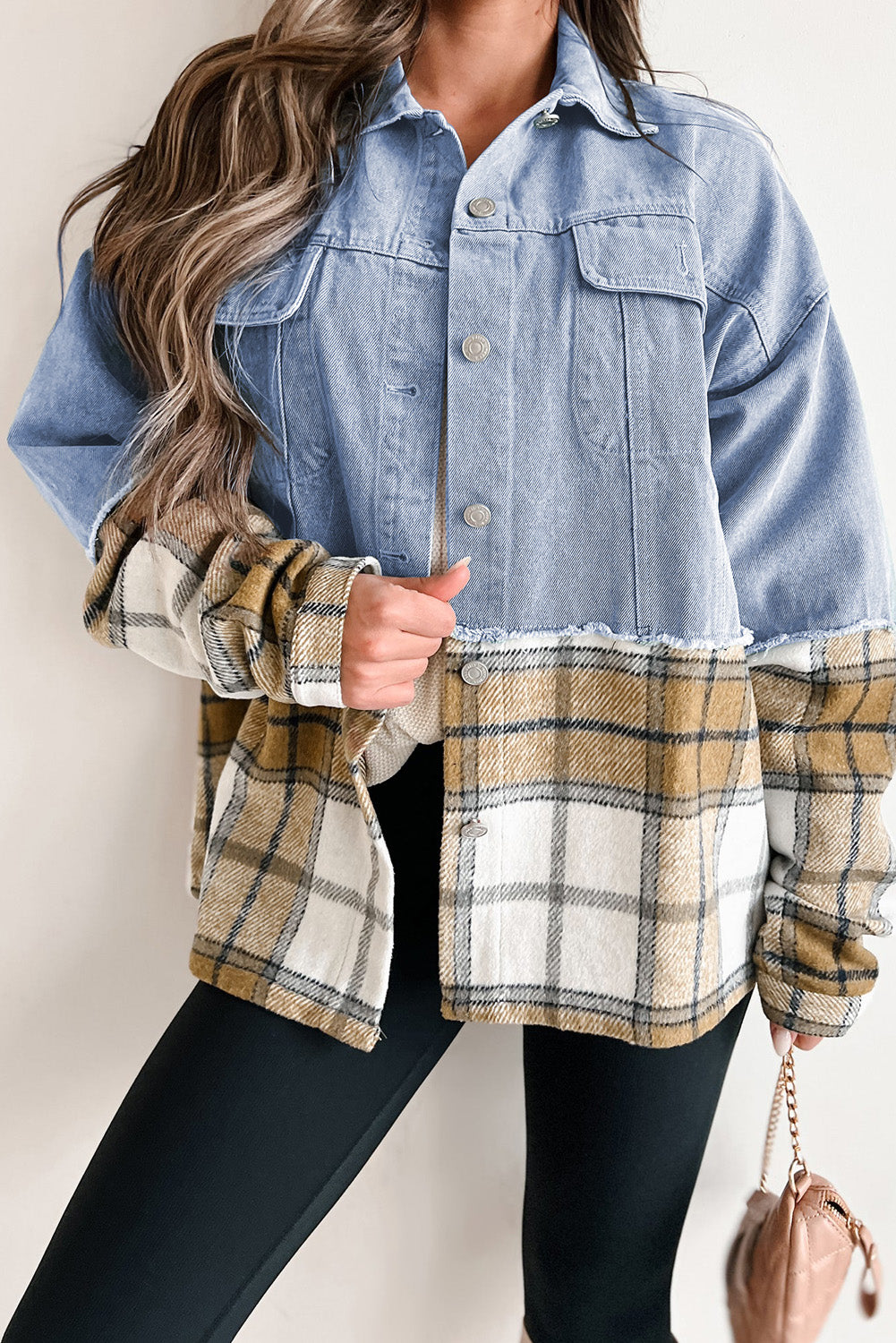 Khaki Plaid Patchwork Buttoned Denim Jacket