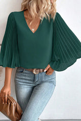 Green Pleated Batwing Sleeve V Neck Blouse