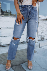 Sky Blue Open Knee Cutout Straight Leg Jeans