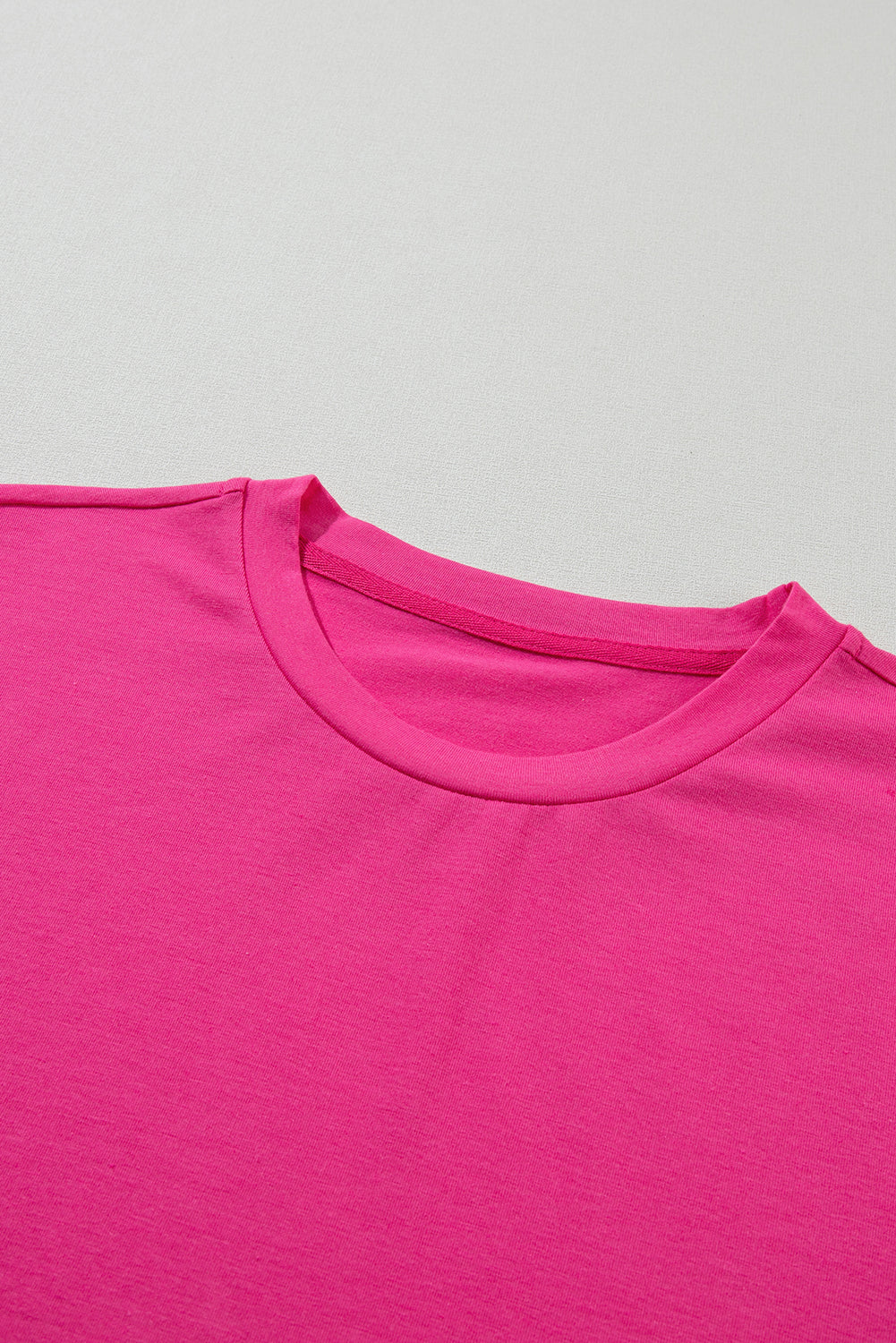 Rose Red Solid Color Crew Neck Roll Up Sleeve Tee