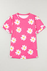 Pink Daisy Print Crewneck T Shirt