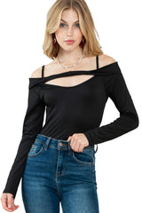 Black Cold Shoulder Cut-out Long Sleeve Bodysuit