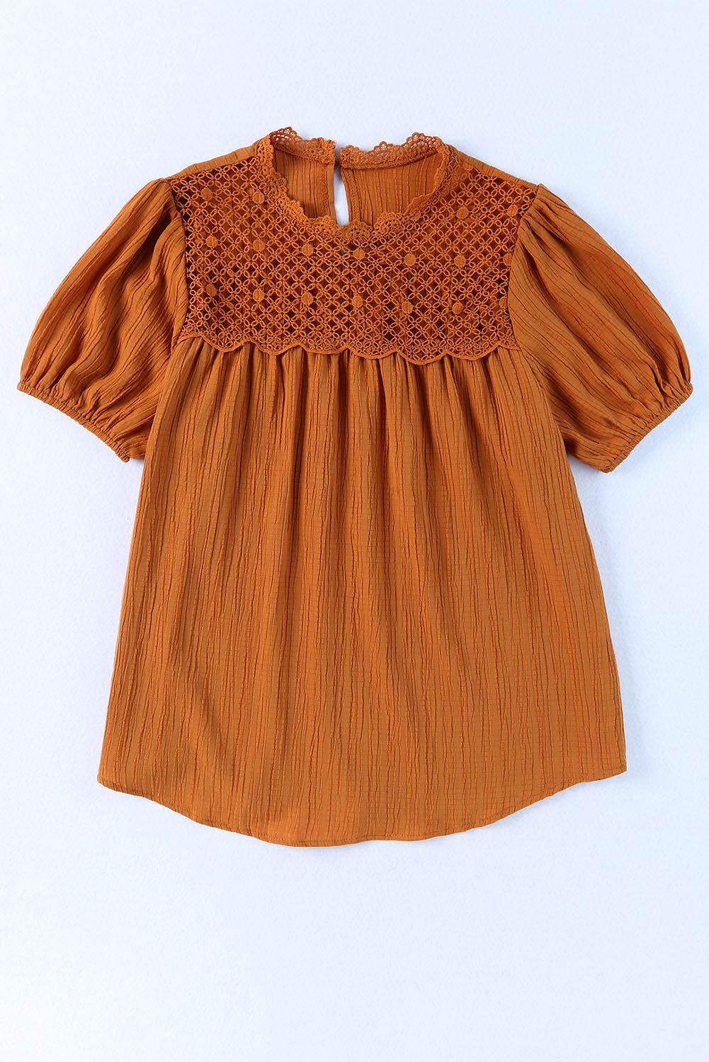 Orange Textured Lace Crochet Casual Keyhole Puff Sleeve Blouse