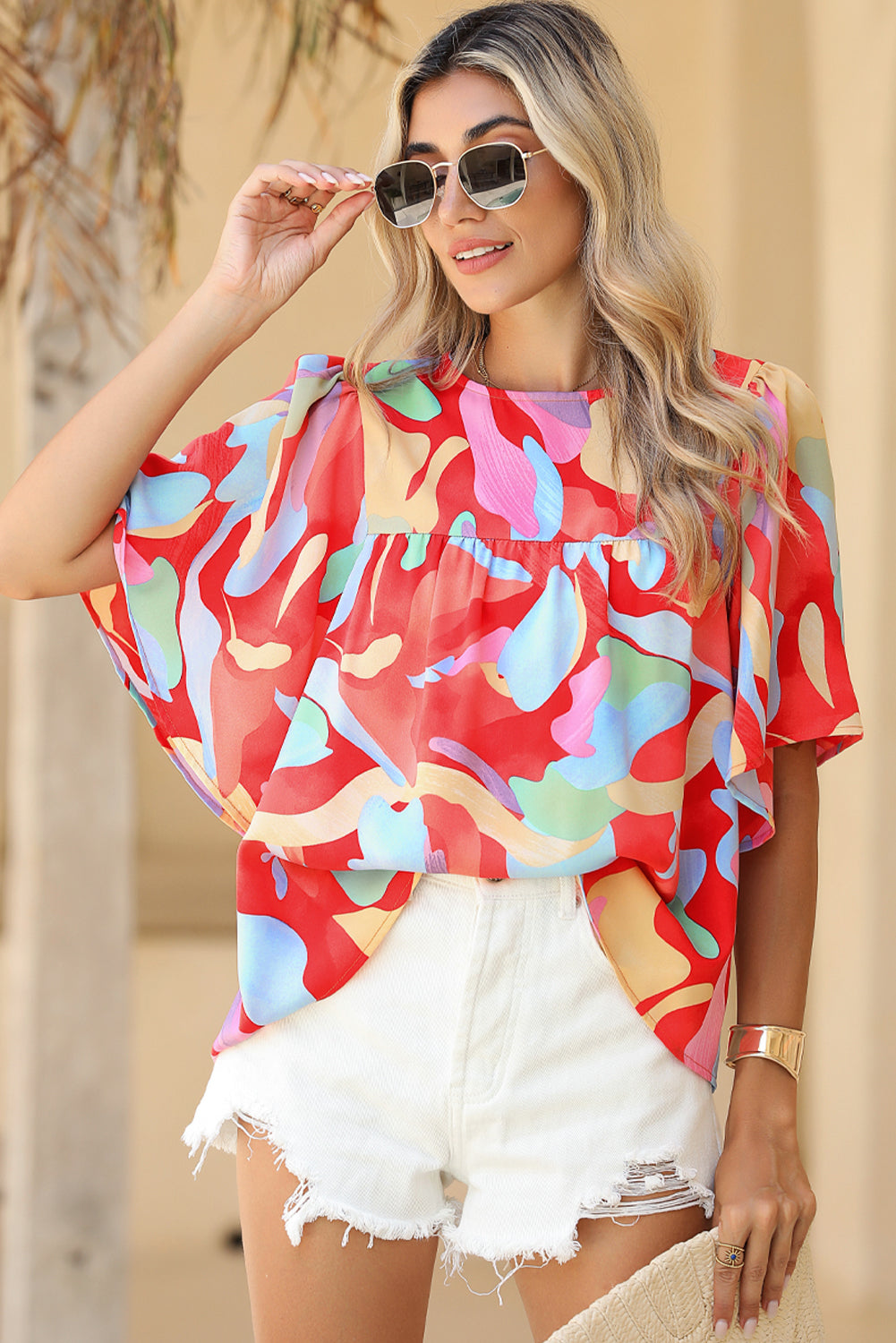 Multicolor Abstract Print Flounce Sleeve Blouse