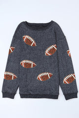 Gray Sequin Rugby Graphic Corded Baggy Sweatshirt