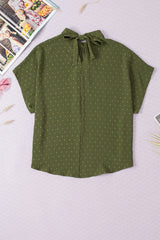 Mist Green Swiss Dot Mock Neck Batwing Sleeve Blouse