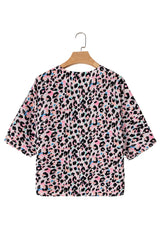 Pink Mixed Leopard Print V Neck Oversized Blouse