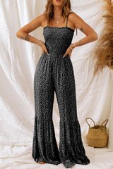 Black Floral Thin Straps Smocked Bodice Wide Leg Jumpsuit