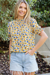 Yellow Floral Boho Frill Mock Neck Blouse