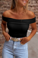 Black Solid Color Folded Off Shoulder Slim Blouse