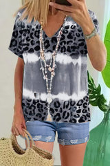 Wholesale Gray Tie Dye Leopard Print V Neck T Shirt