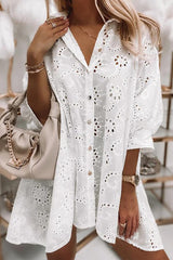 White Casual Eyelet Lace Shirt Babydoll Dress