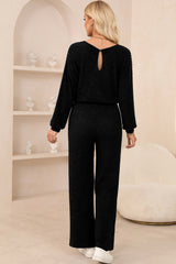 Black Solid Ribbed Knit Keyhole Back High Waist Jumpsuit