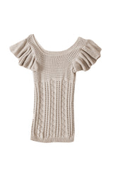 Beige Flutter Sleeve Hollowed Pointelle Knit Top