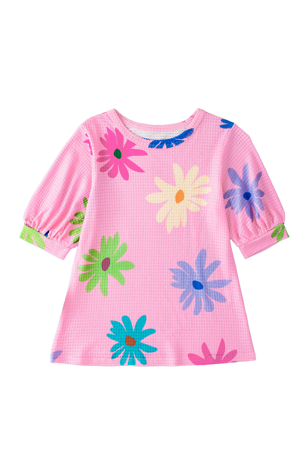 Pink Colorful Floral Print Puff Sleeve Waffle Knit T Shirt