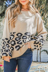 Khaki and Animal Print Color Block Raglan Sleeve Knit Pullover Sweater