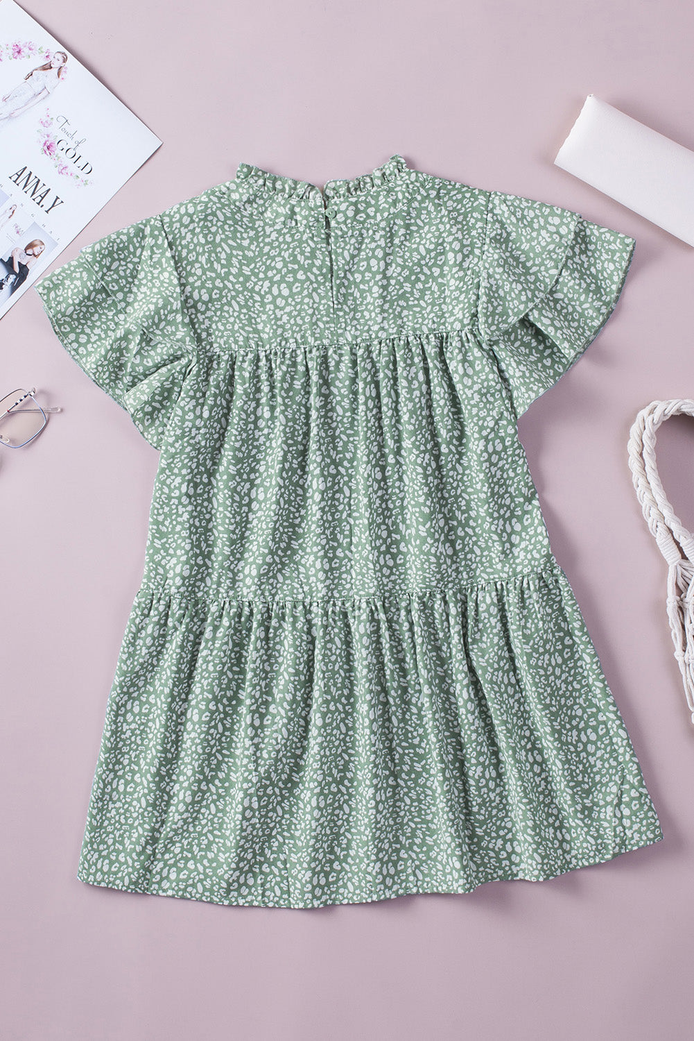 Pastel Green Cheetah Print Tiered Ruffle Sleeve Babydoll Blouse