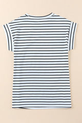 White Striped Cap Sleeve Crew Neck T Shirt