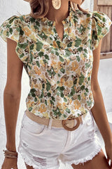 Laurel Green Floral Print Frilled V Neck Butterfly Sleeve Blouse