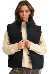 Black Solid Color Corduroy Puffer Vest Coat