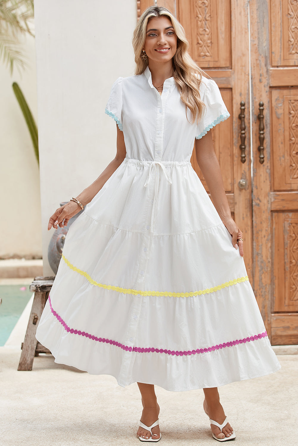 White High Waist Short Sleeve Tiered Shirt Dress