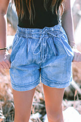 Beau Blue Casual Chambray Drawstring Denim Shorts