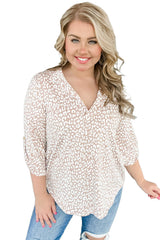 Apricot Leopard Tab Sleeve V Neck Plus Size Top