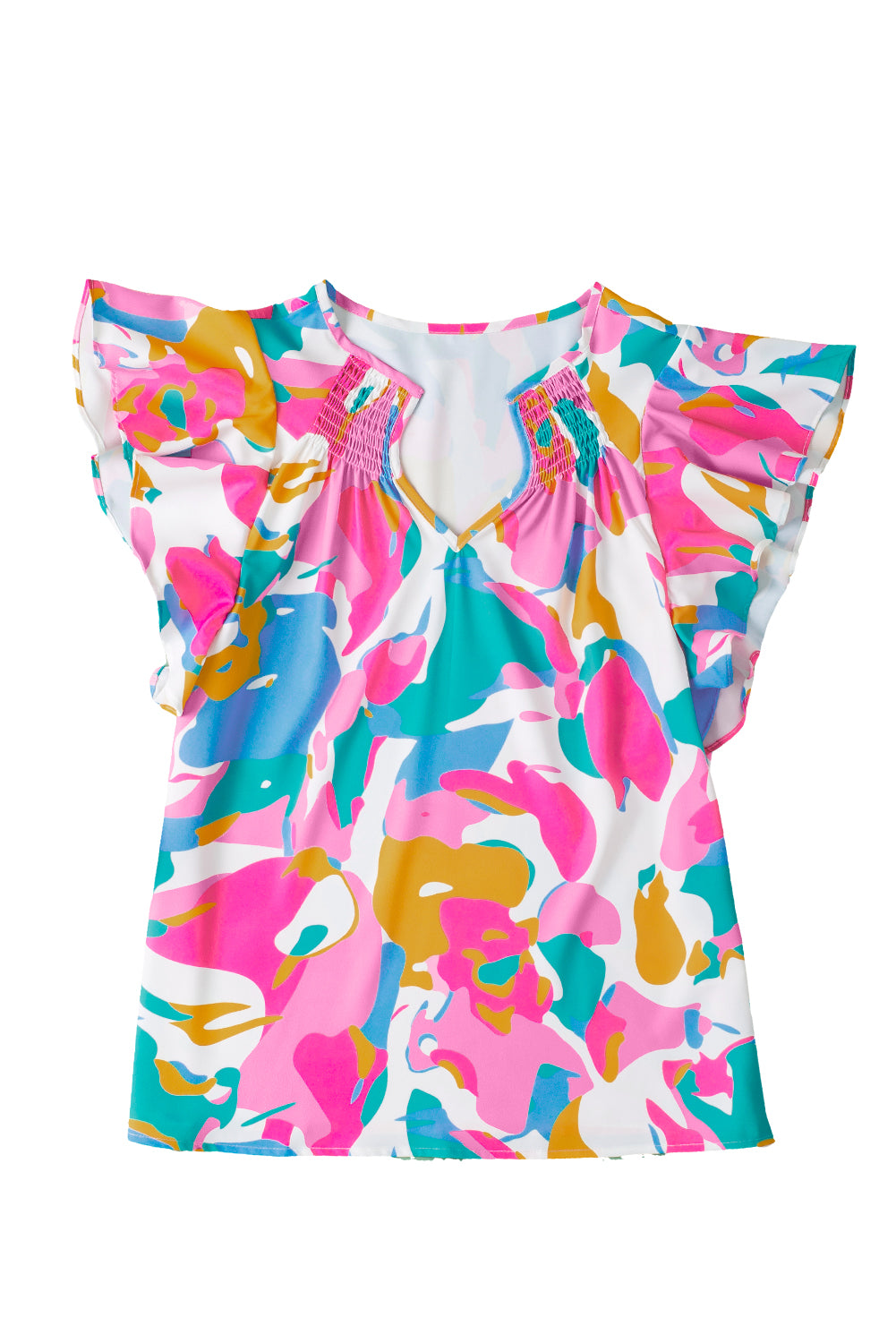 Multicolour Abstract Print Smocked Notched Neck Ruffle Blouse