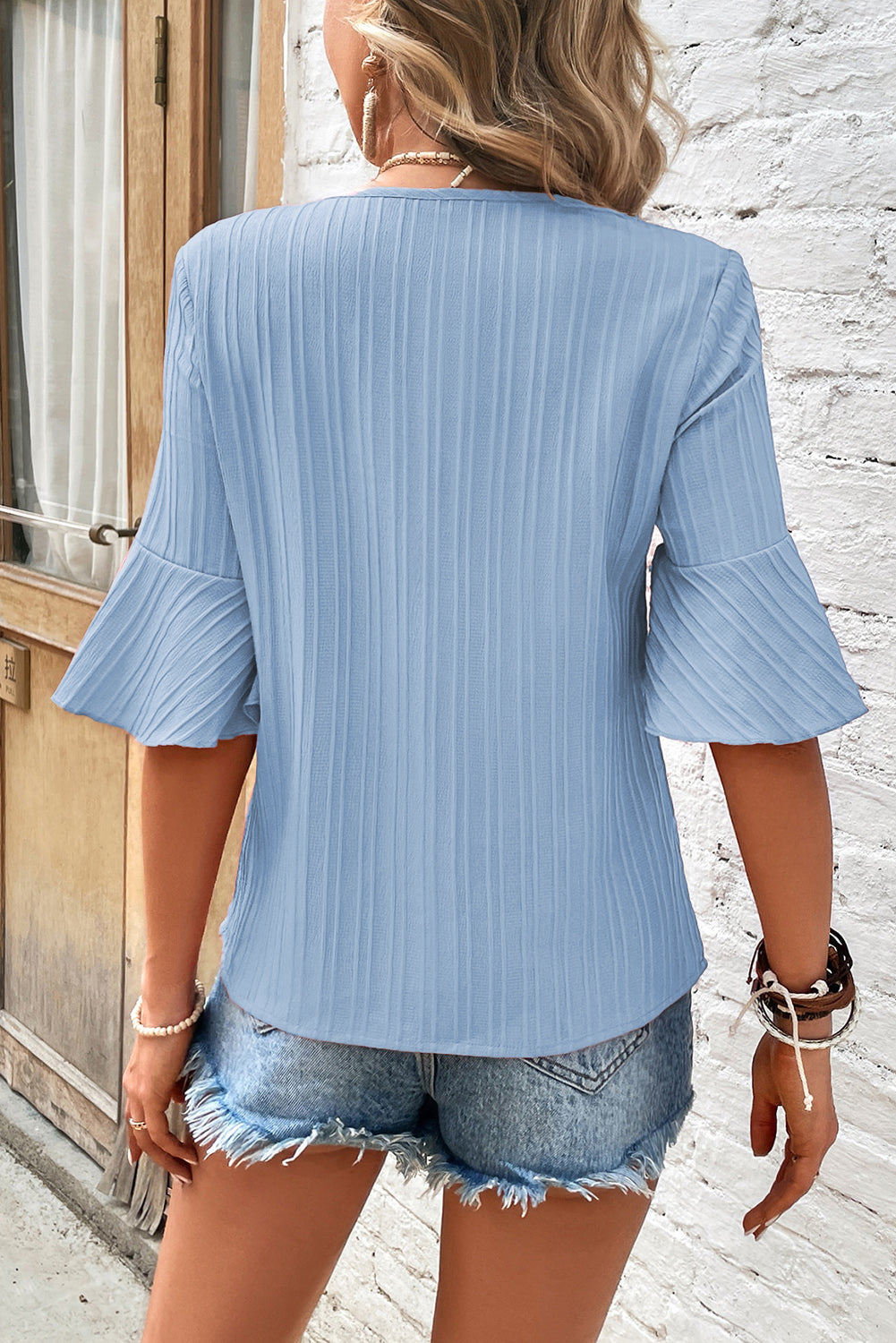 Beau Blue Ruffled Short Sleeve V Neck Textured Blouse