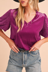 Bright Pink V-Neck Short Puff Sleeve Blouse