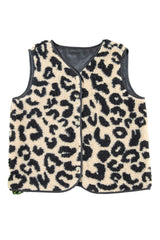 Black Leopard Print Sherpa Button Front Vest Coat