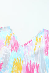 Multicolor Abstract Print V Neck Short Sleeve Dolman Blouse