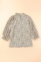 Khaki Leopard 3/4 Ruffle Sleeve Frill Neck Blouse