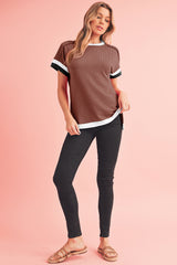 Coffee Ribbed Colorblock Round Neck T Shirt